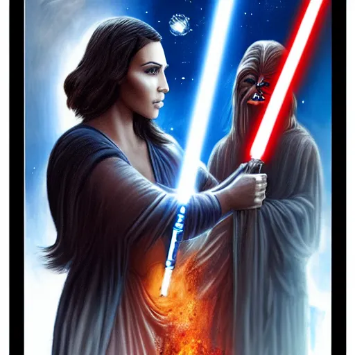 Image similar to super detailed star wars movie poster with Jesus Christ and kim kardashian, 8k full HD photo, cinematic lighting, anatomically correct, oscar award winning, action filled, correct eye placement,