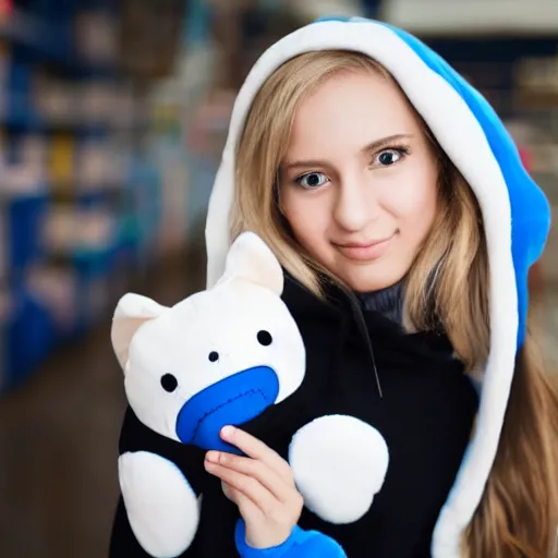 Prompt: a blonde girl in a black hoodie holding a blahaj blue shark plush from ikea, anime style