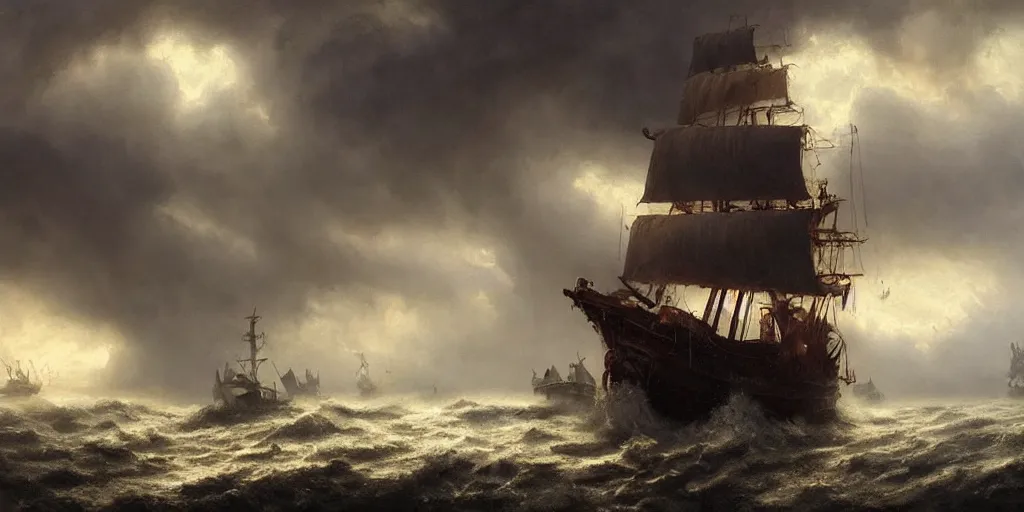 Image similar to A hyper realistic oil painting of a single pirate ship in a storm, dark clouds above, fog, lightning lights the sky, by Greg Rutkowski, hyper detailed, trending on artstation