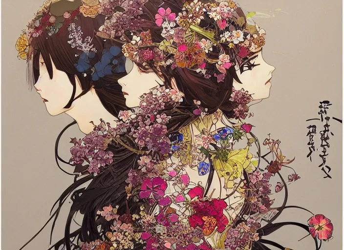 Image similar to oil painting, long shot, beautiful floralpunk japanese bio mechanical female illustration detailed patterns art of japan traditional dress, flower pop art, floral splash painting, art by ashley wood, alphonse mucha, makoto shinkai, geof darrow, dark shadow