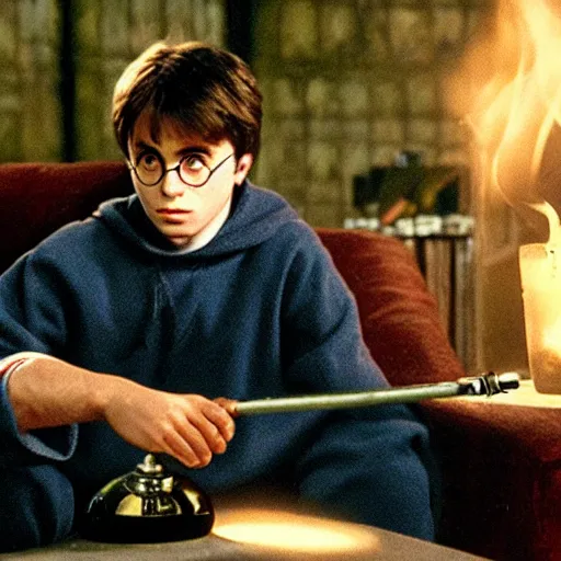 Prompt: harry potter smoking a bong while sitting on a couch with a lava lamp next to him