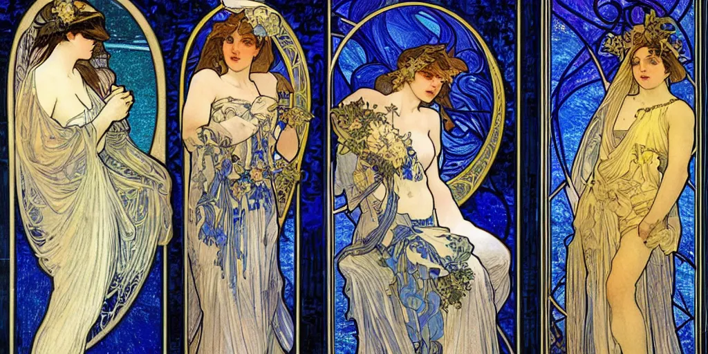 Prompt: the longest night, dark night with moon and candle and tattoos, by alphonse mucha and martha dahlig and irina french, ultramarine blue and gold, realistic faces, intricate stained glass triptych