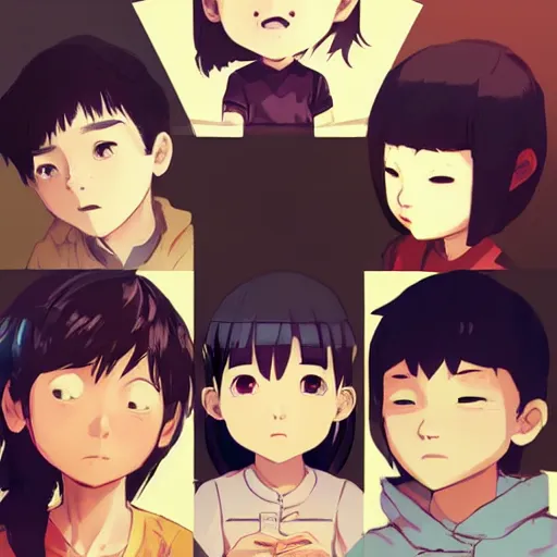 Prompt: four asian kids sitting around each with digital devices, dramatic, top down, comic cover style, by guweiz and wlop and ilya kuvshinov and artgerm and makoto shinkai and studio ghibli, symmetrical eyes, aesthetic, gorgeous, stunning, alluring, attractive, artstation, deviantart, pinterest, digital art