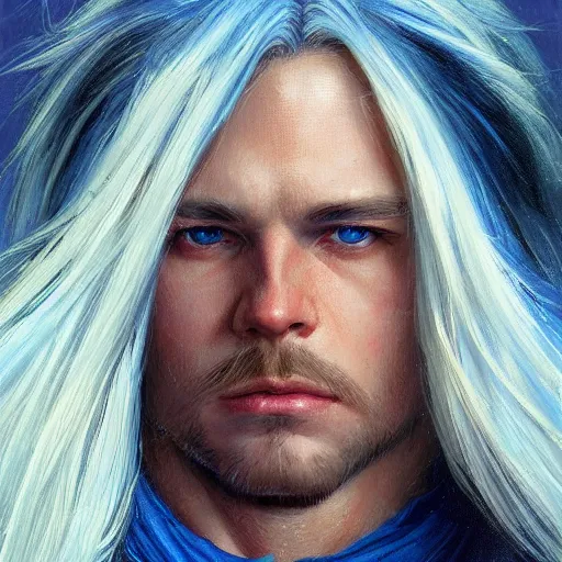 Image similar to 2 7 year old male with blue eyes and long straight blonde hair no beard as a fantasy d & d character, closeup portrait art by donato giancola and greg rutkowski, face, digital art, trending on artstation, symmetry!!