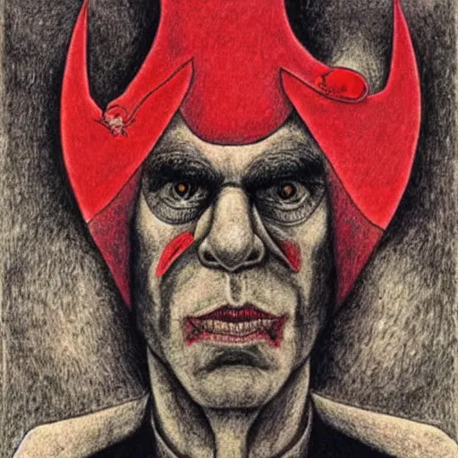 Image similar to Nick Cave in disguise as the devil, by Santiago Caruso, by M.C. Escher, by Kazimir Malevich, fairy-tale illustration style, very detailed, colorful, beautiful, eerie, surreal, psychedelic