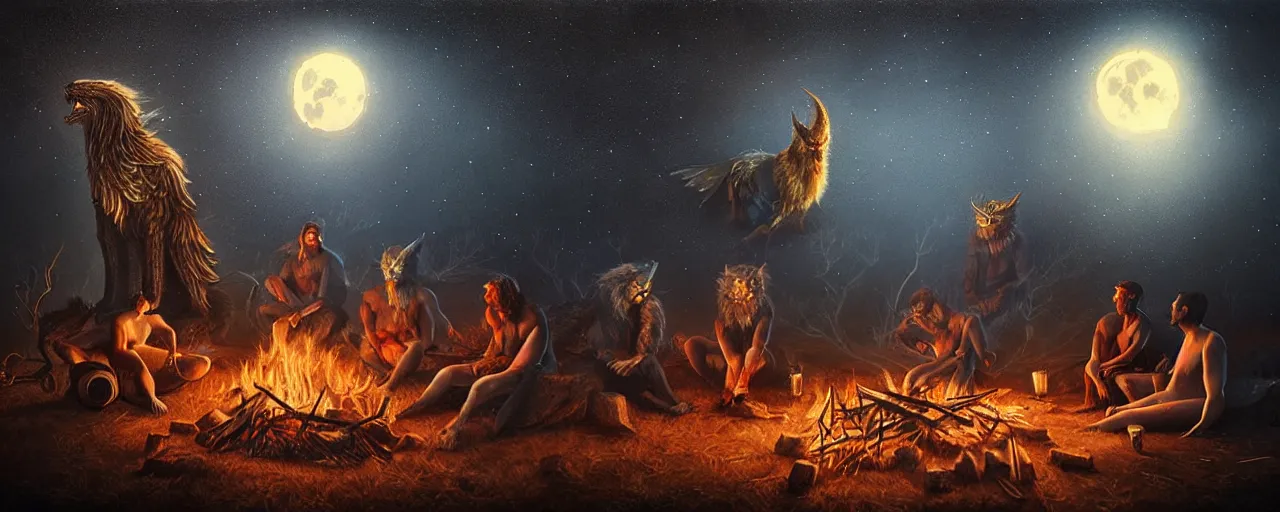 Image similar to uncanny bifrost mythical beasts of sitting around a fire under a full moon, surreal dark uncanny painting by ronny khalil