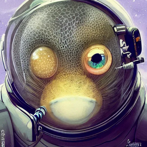 Image similar to !dream a pufferfish in a astronaut suit, 3d, sci-fi fantasy, intricate, elegant, highly detailed, lifelike, photorealistic, digital painting, artstation, illustration, concept art, sharp focus, art in the style of Shigenori Soejima