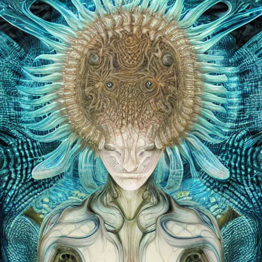 Image similar to Photo of a creature from another universe by ernst haeckel, iris van herpen, james jean, mandy jurgens, artstation, fashion editorial