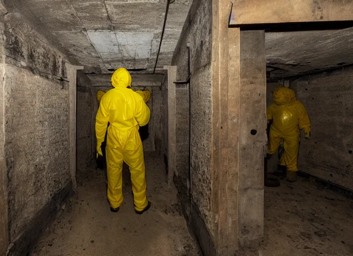 Image similar to a man in a yellow hazmat suit opens a portal to hell in an underground brutalist storeroom