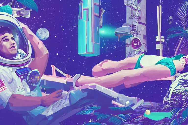 Image similar to an astronaut lounging in a tropical resort in space in a vaporwave style