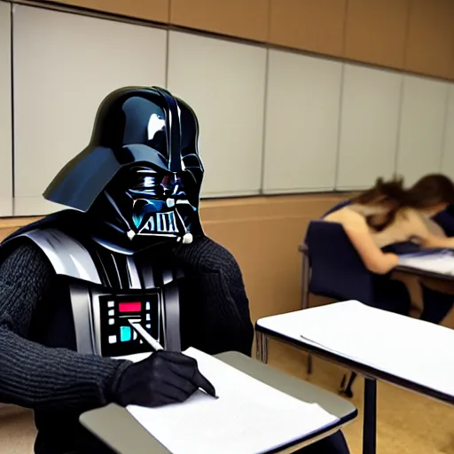 Image similar to Darth Vader sitting at a desk in an exam hall, doing his A-Level exams