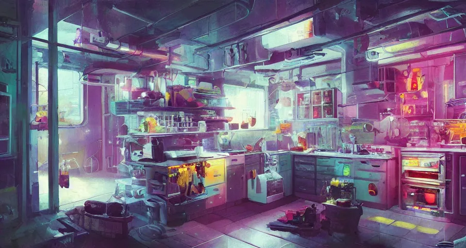 Image similar to IKEA catalogue photo of a cyberpunk kitchen, by Paul Lehr