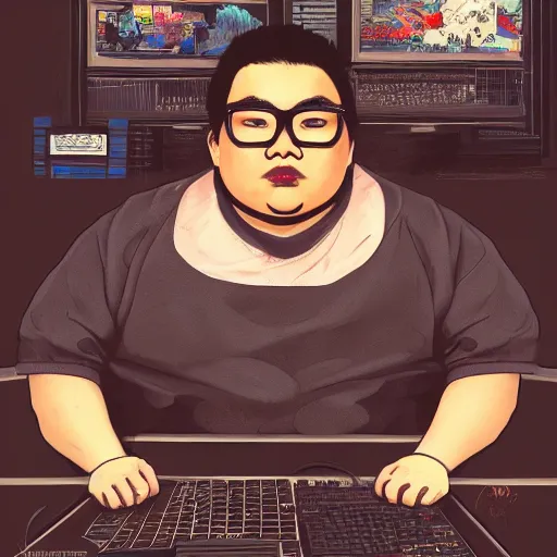 Image similar to an insanely detailed painting of a chubby nerdy asian man wearing a homemade superhero costume and mask, sitting at a computer desk typing on the keyboard, in the style of peter mohrbacher, dramatic lighting and composition, trending on artstation, concept art, comic book, graphic novel, back view