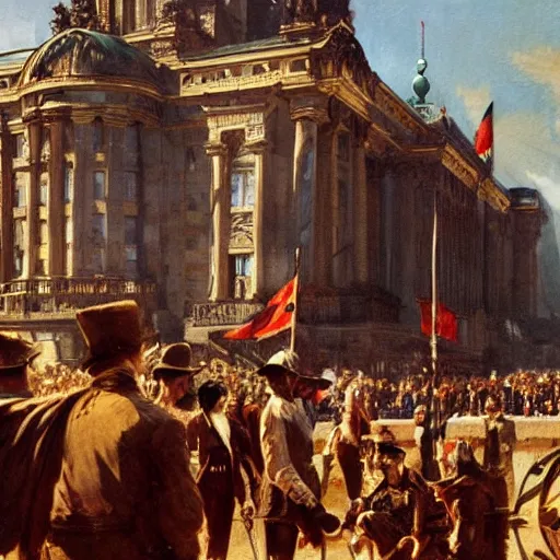 Image similar to detailed cinematic wide shot of berlin 1 9 3 0 german flag smooth, sharp focus, ultra realistic, spring light, painting by gaston bussiere, craig mullins, j. c. leyendecker