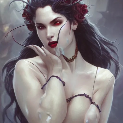 Image similar to Vampire, female, closeup, D&D, fantasy, intricate, elegant, highly detailed, digital painting, artstation, concept art, matte, sharp focus, illustration, hearthstone, art by Artgerm and Greg Rutkowski and Alphonse Mucha