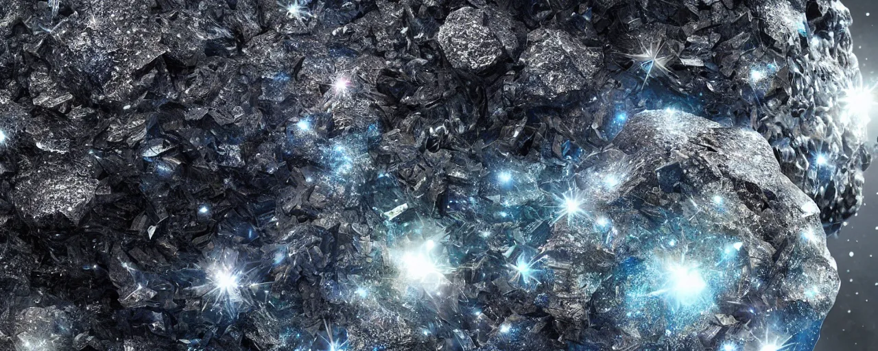 Prompt: asteroid made of shiny diamonds and crystals, [ shards, facets, cinematic, detailed, epic, widescreen, opening, establishing, mattepainting, photorealistic, realistic textures, octane render ]