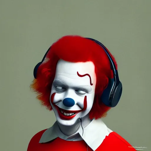 Prompt: a portrait of Ronald McDonald with red clown nose wearing headset microphone in the MSPWAVES studio, music notes in background, symmetrical facial features, intricate, elegant, highly detailed, digital painting, trending on Artstation, concept art, smooth, sharp focus, illustration, in the style of artgerm and greg rutkowski and alphonse mucha