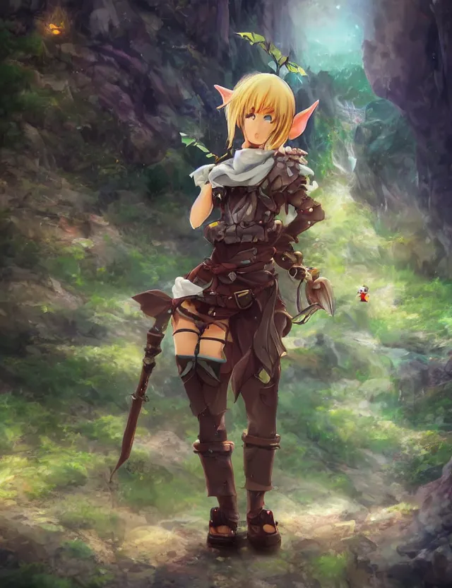 Image similar to scenic wide angle portrait of an elf mining for coal, a cute outfit, somewhat of an anime in fantasy style, trending artwork, made with anime painter studio, by anato finstark, tony sart and an anime artist, collaboration