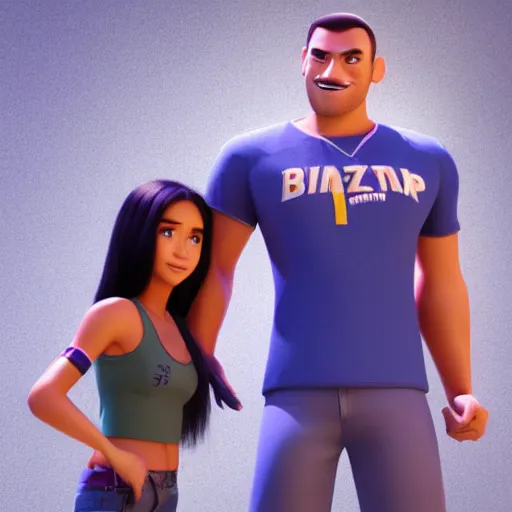 Image similar to young beautiful athletic Filipino woman with long hair standing beside a handsome caucasian athletic thin man with very short buzzed thinning hair, stubble beard on his face, blue eyes, they are posing, depicted as adult Pixar characters, high quality cg render, 4k