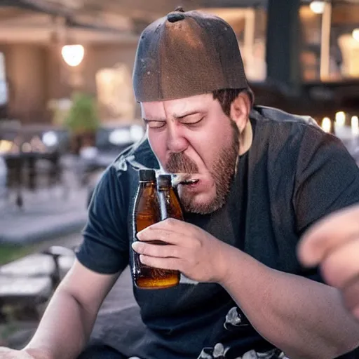 Prompt: man with down syndrome chugging beers photorealistic