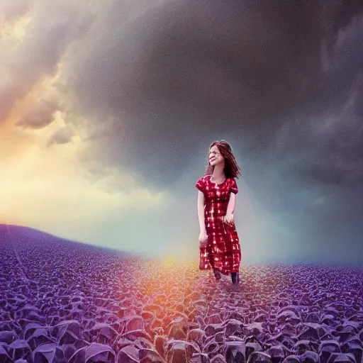 Image similar to a girl slowly walking through amazing tall sunflower field, hair flowing, early morning lightning, bad weather approaching, a storybook illustration by louise abbema, cgsociety, magical realism, reimagined by industrial light and magic, volumetric lighting, cinematic lighting