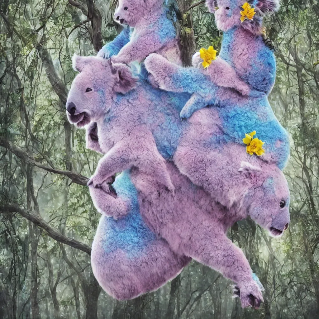 Image similar to pink and blue unicorn, koala riding on unicorn's back, koala stretches arms wide, hyper realistic style, winter forest with snow, dramatic lighting, one large yellow flower, 4k