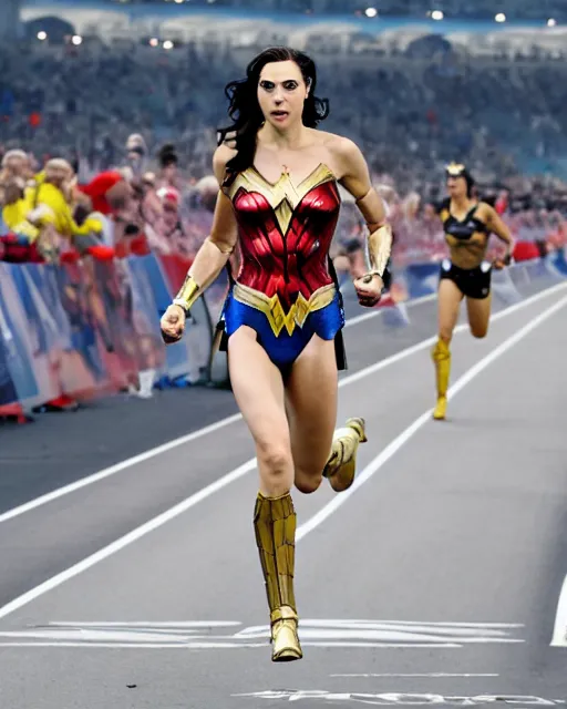 Prompt: gal gadot as wonder woman, at the 2 0 0 - meter starting line, olympic trials, sports photography in the style of neil leifer