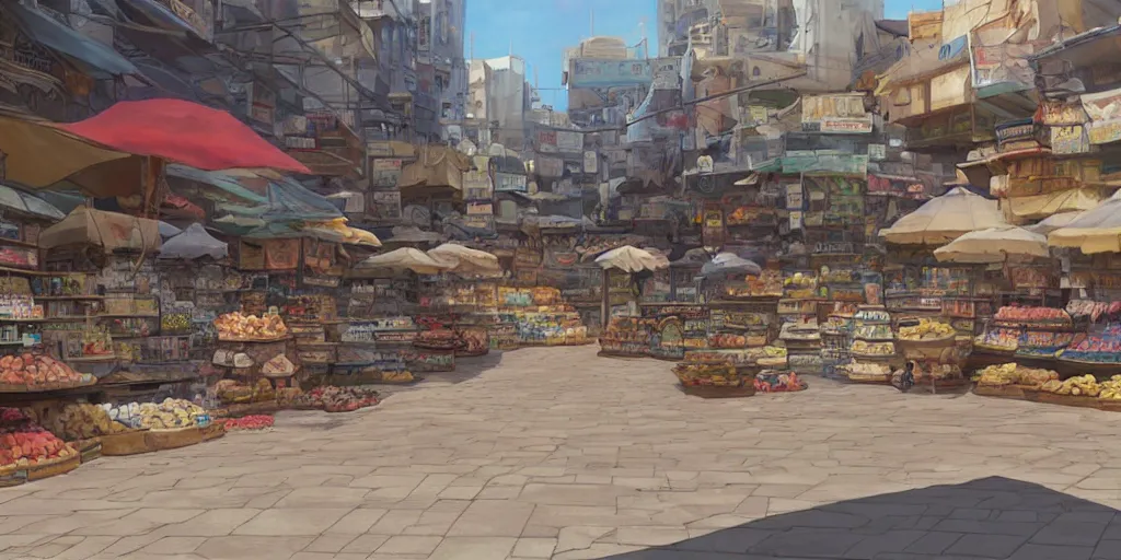 Prompt: empty arabian marketplace with no people by makoto shinkai