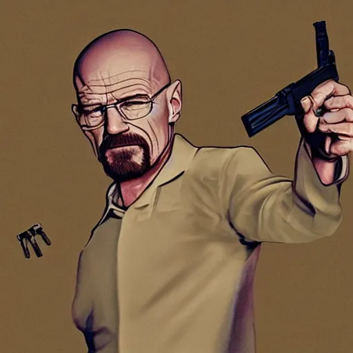 Prompt: Walter White pointing a gun at right side, accurate anatomy, highly detailed