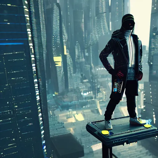 Image similar to a man dressed in cyberpunk style clothing standing on top of a raised platform, futuristic city in the background