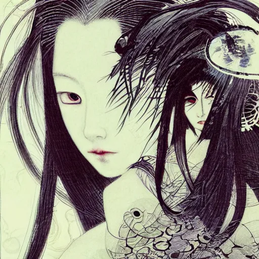 Image similar to yoshitaka amano blurred and dreamy realistic illustration of a japanese woman with black eyes, black lipstick, long wavy white hair fluttering in the wind wearing elden ring armor with engraving, abstract patterns in the background, satoshi kon anime, noisy film grain effect, highly detailed, renaissance oil painting, weird portrait angle, blurred lost edges, three quarter view