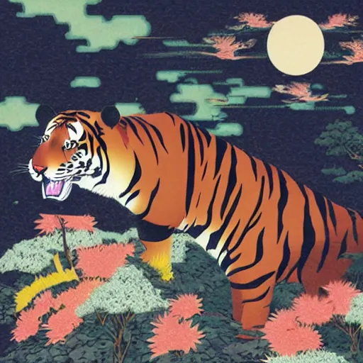 Prompt: a delorean tiger, japanese magazine collage, art by hsiao - ron cheng and utagawa kunisada