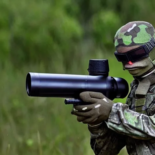 Image similar to a rare military frog equipped with rocket launcher and night vision target acquisition system, photo from janes defence weekly