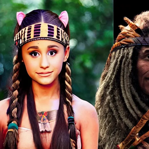Image similar to ariana grande as a native american with The Predator behind her, colour, photography, realistic,