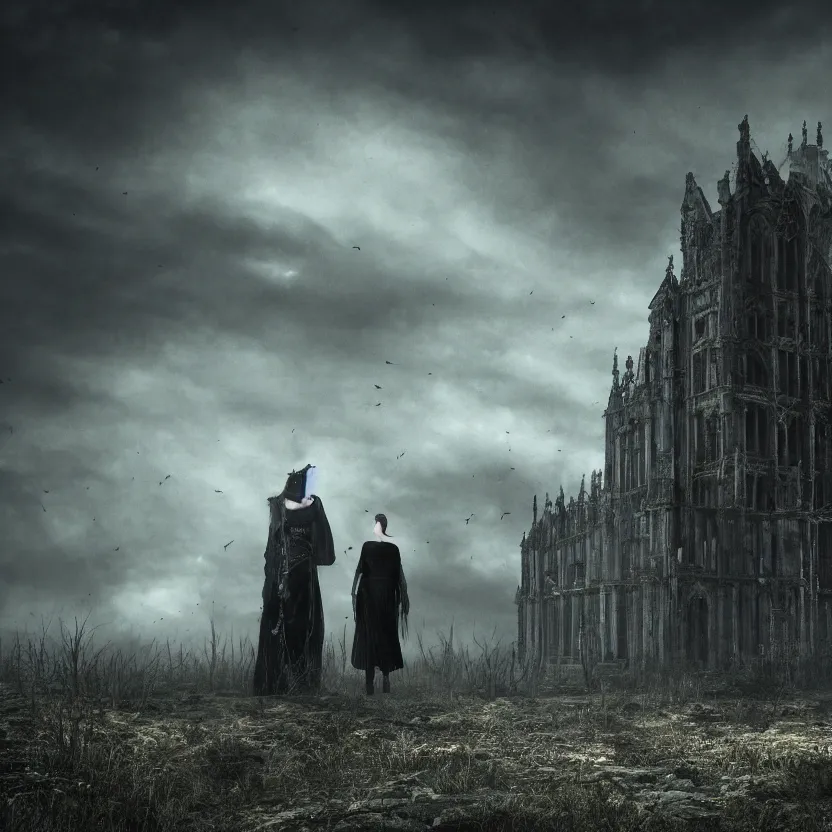 Image similar to A Gothic couple of jewels in an empty land, dark romance, dark and mysterious, atmospheric, ominous, eerie, cinematic, Epic, 8k, 4k, ultra detail, ultra realistic, rendered by awesomeness