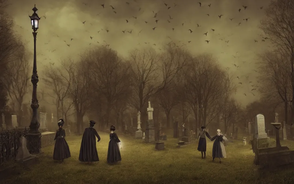 Prompt: people in victorian - era clothing strolling around people in victorian - era clothing strolling around a graveyard at night, bats flying over tombstones, bare trees, iron railing, gloomy atmosphere, digital illustration, highly detailed, cinematic lighting, perfect composition, 4 k, artem demura