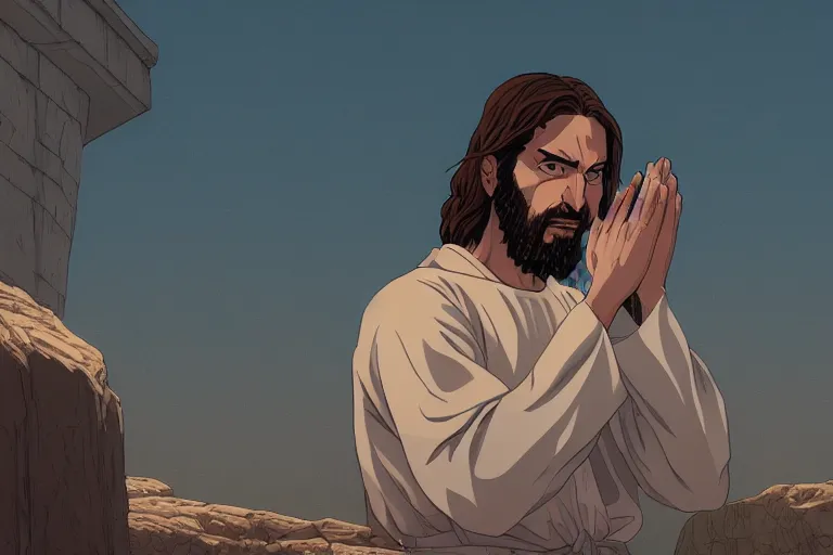 Prompt: a portrait of jesus praying by dan mumford, yusuke murata and makoto shinkai, 8 k, cel shaded, unreal engine, featured on artstation, pixiv