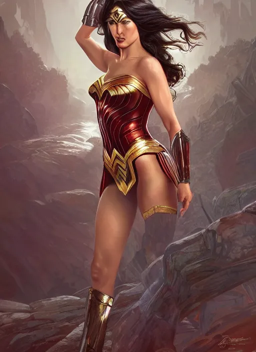 Image similar to Donald Trump as wonder woman, fantasy, intricate, elegant, highly detailed, digital painting, artstation, concept art, smooth, sharp focus, illustration, art by artgerm and greg rutkowski and alphonse mucha