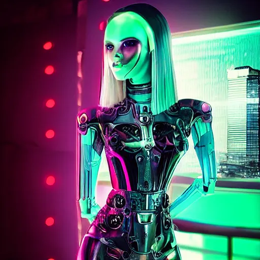 Image similar to “photo portrait of the most beautiful alien robot elf girl in the world. I can’t believe how she’s beautiful. She is in gorgeous haut couture dresses. Cyberpunk. Synthwave. 8K. Hyperdatailed portrait”