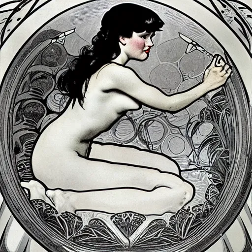 Image similar to Betty Page taking a bath, sharp focus, illustration, art by alphonse mucha