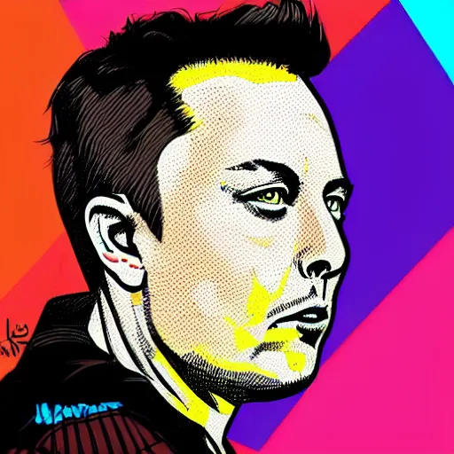 Image similar to portrait pop art comic illustration ofElon Musk, profile view, bright colors, high detail, angry, sullen