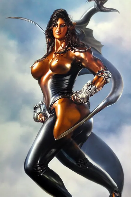 Prompt: a realistic airbrush painting of a nice looking girl with beautiful forms and skin-tight black shiny leather leggings fighting a giant, flames spitting dragon with her sword, in style by hajime sorayama and boris vallejo, trending on artstation, 4K