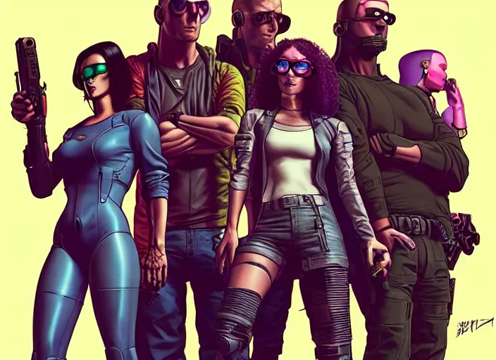 Prompt: cyberpunk heist team. portrait by stonehouse and mœbius and will eisner and gil elvgren and pixar. character design. realistic proportions. cyberpunk 2 0 7 7 character art, blade runner 2 0 4 9 concept art. cel shading. attractive face. thick lines. the team. diverse characters. shadowrun.