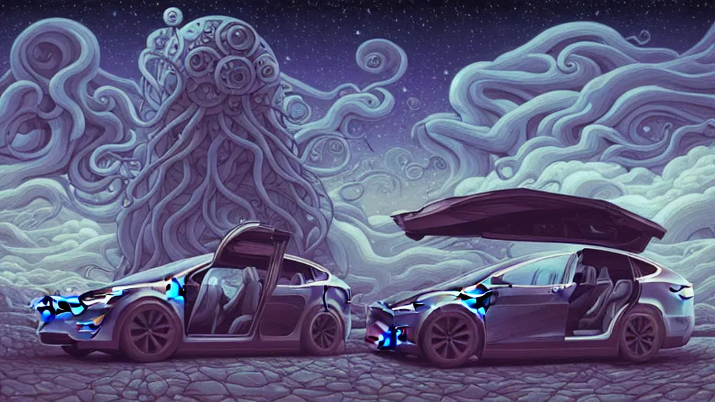 Prompt: a tesla model x by cyril rolando and naomi okubo and dan mumford and ricardo bofill. lovecraft. lovecraftian. starry night swirly sky.