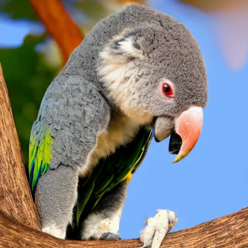 Image similar to award winning nature photograph of a parrot's beak on a koala in a tree. the koala is eating a eucalyptus leaf. focus on the beak. extreme detail, hyperrealistic photo, smooth, trending on artstation