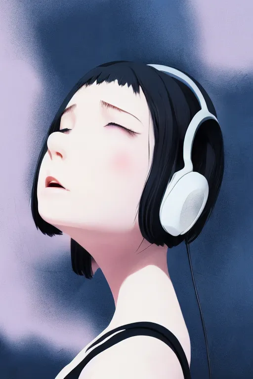 Image similar to a cute young woman listening to music with her eyes closed and wearing headphones in the style of Ilya Kuvshinov and Range Murata, white bob cut hair, freckles, dark thunderclouds in the backround, soft lighting, cinematic, moody, nier automata, poster, oil on canvas, 8k