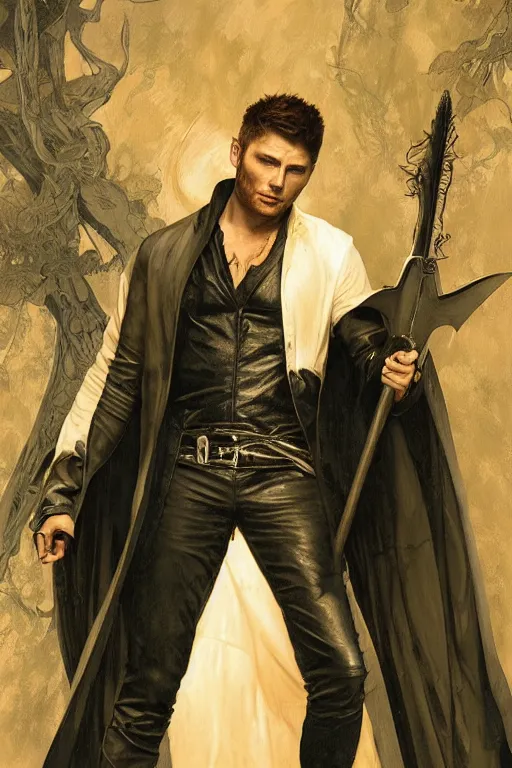 Image similar to a detailed matte portrait of an jensen ackles dressed as the vampire angel from buffy the vampire slayer, masterpiece, 8 k, art by alphonse mucha and greg rutkowski