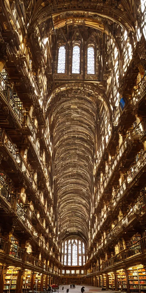 Prompt: interior view of the largest library in the galaxy, beautiful stained glass windows, ornate architecture, opulent, elaborate tall ceilings and archways, busy, crowded, detailed, 4K resolution