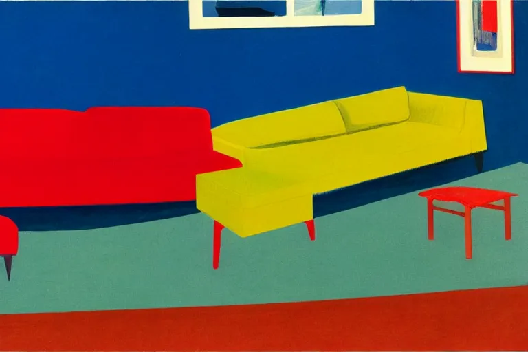 Prompt: Couch Surfing by David Hockney, Andy Shaw, Edward Hopper, 1965, exhibition catalog