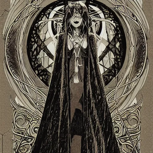 Prompt: precisely drawn illustration of anime cloaked high priestess of a goddess, old-fashioned tarot card, victorian playing card, sepia tone, wide angle, sharp, fine details, anime, manga, cyberpunk, intense line art, 8k, precise linework, realistic, shaded lighting by katsuhiro otomo ghost-in-the-shell, magali villeneuve, artgerm, rutkowski Jeremy Lipkin and Giuseppe Dangelico Pino and Michael Garmash and Rob Rey